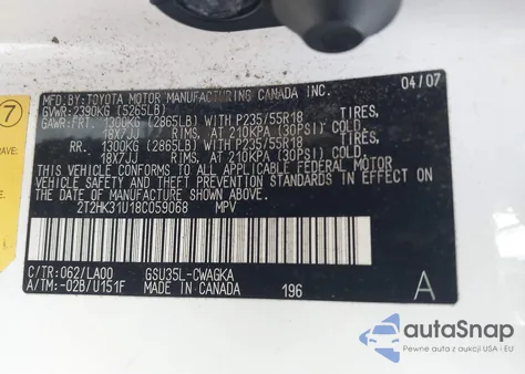 2008 Lexus Rx 350 z USA, uszkodzony, nr VIN 2T2HK31U18C059068